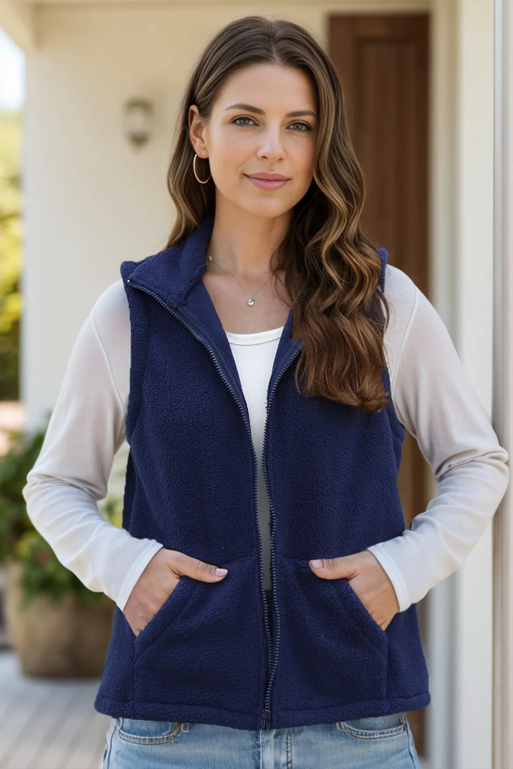 Zip Up Vest Coat with Pockets Navy Trendsi
