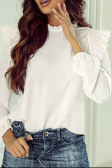 Frill Mock Neck Ruffled Balloon Sleeve Blouse OutfitFlow