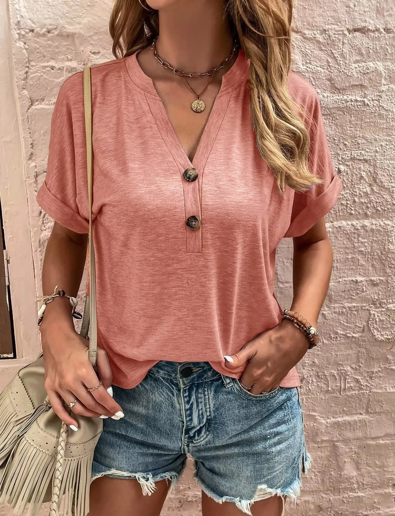 Full Size Casual Notched Short Sleeve Blouse Plus Size OutfitFlow