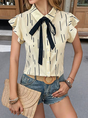 Button Down Ruffled Cap Sleeve Shirt OutfitFlow