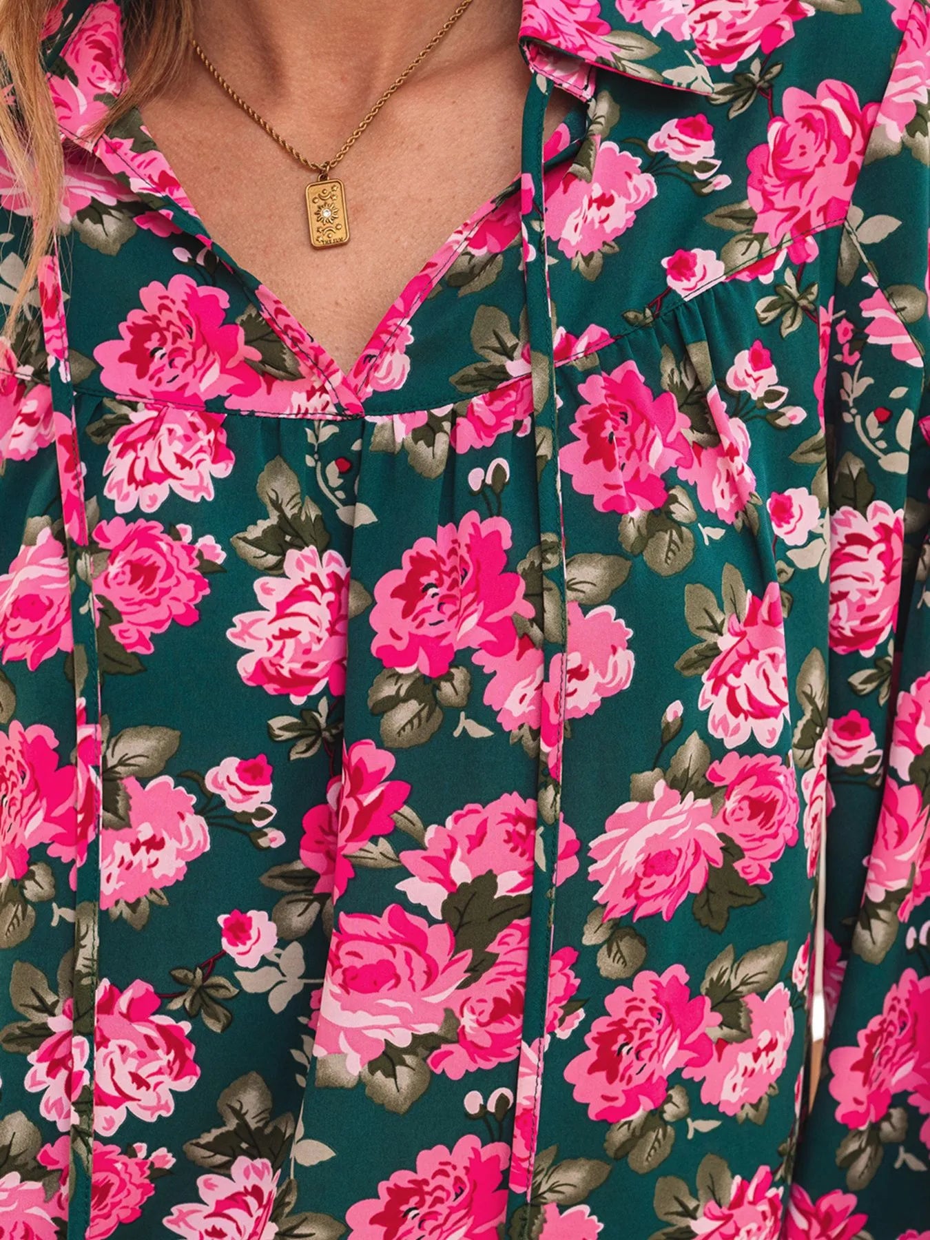 Floral Printed Tied Collar Puff Sleeve Blouse OutfitFlow