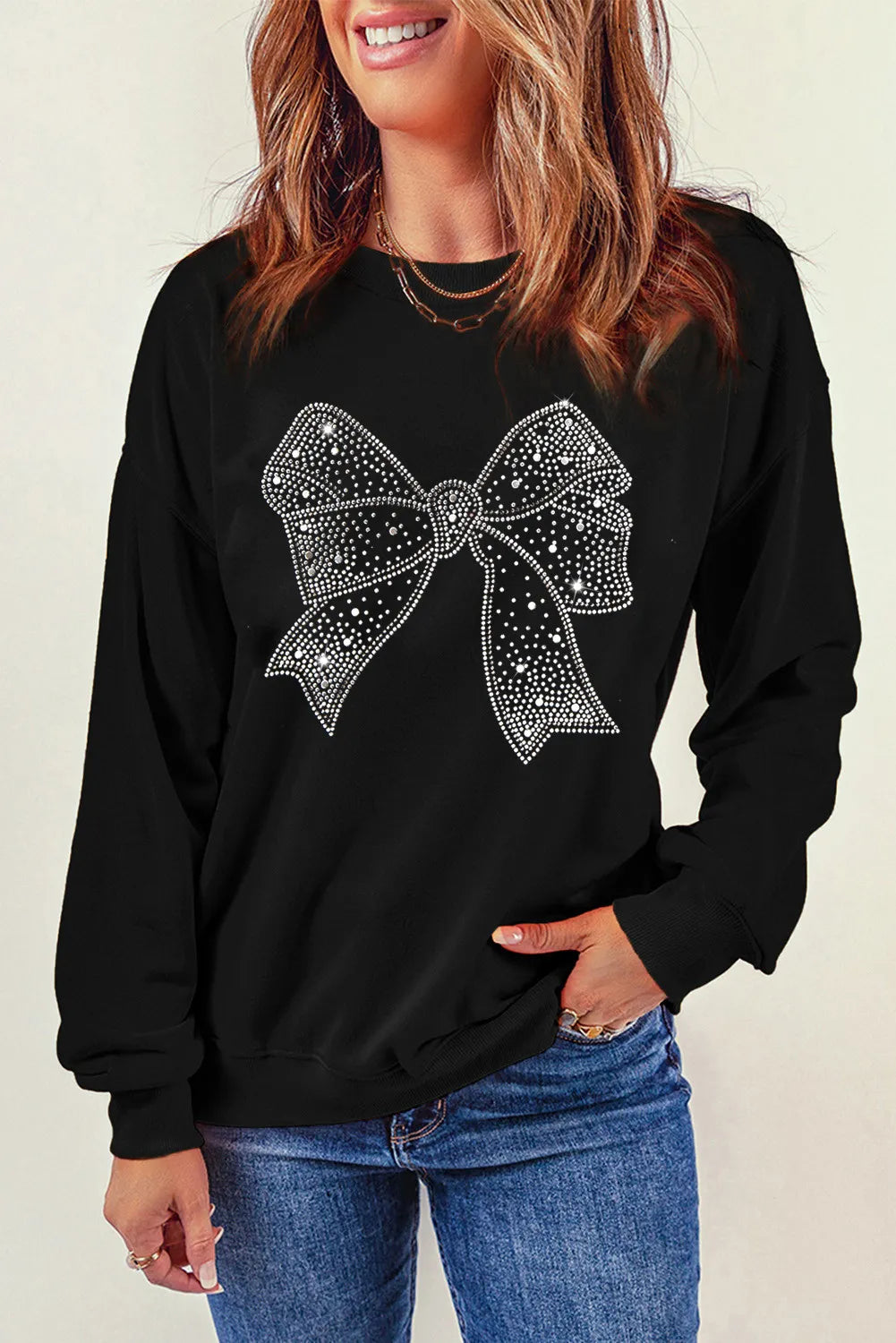 Outfit Flow - Rhinestone Bow Round Neck Long Sleeve Sweatshirt