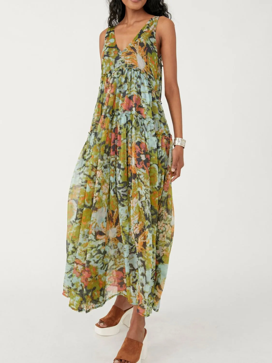 Printed V-Neck Sleeveless Dress Yellow-Green OutfitFlow