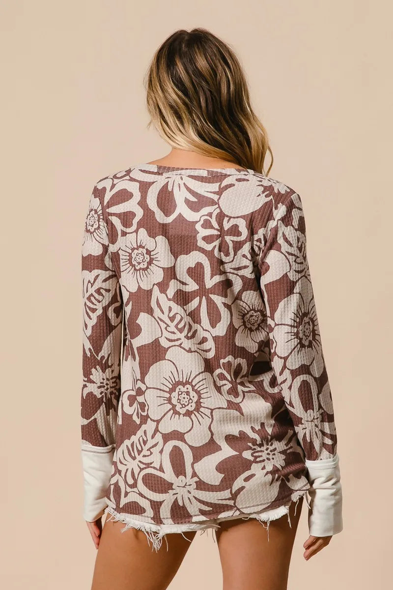 BiBi Flower Printed Waffle Thumb Opening Top OutfitFlow