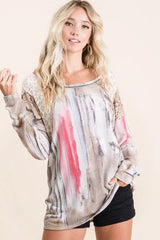 BiBi Tie Dye Knit Top with Print Block Shoulder OutfitFlow