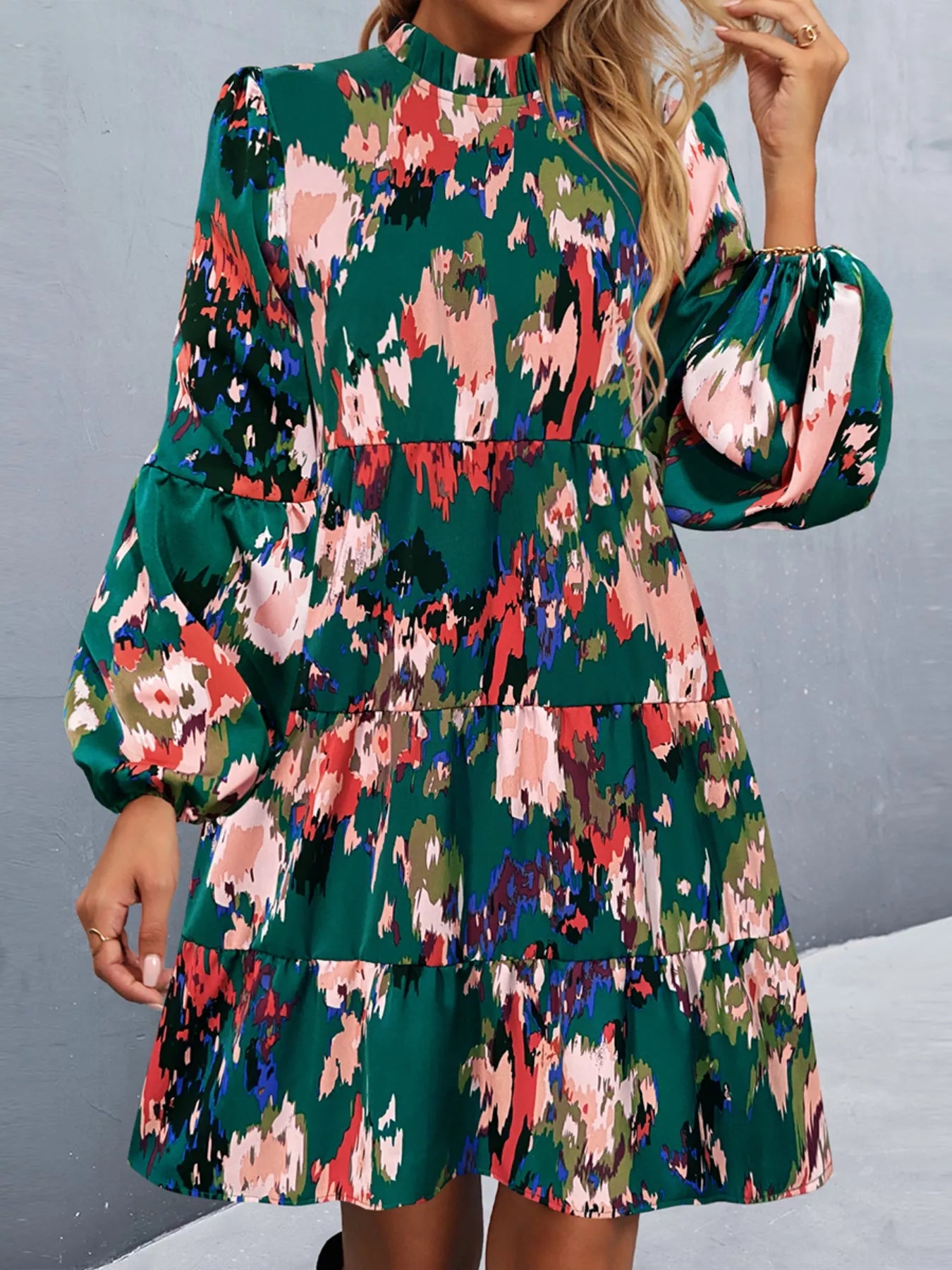 Printed Balloon Sleeve Mini Dress Dark Green OutfitFlow