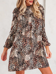 Leopard Ruffled Detail Long Sleeve Loose Mini Dress OutfitFlow