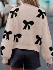 Pearl Embellished Bow Pattern Loose Sweater OutfitFlow
