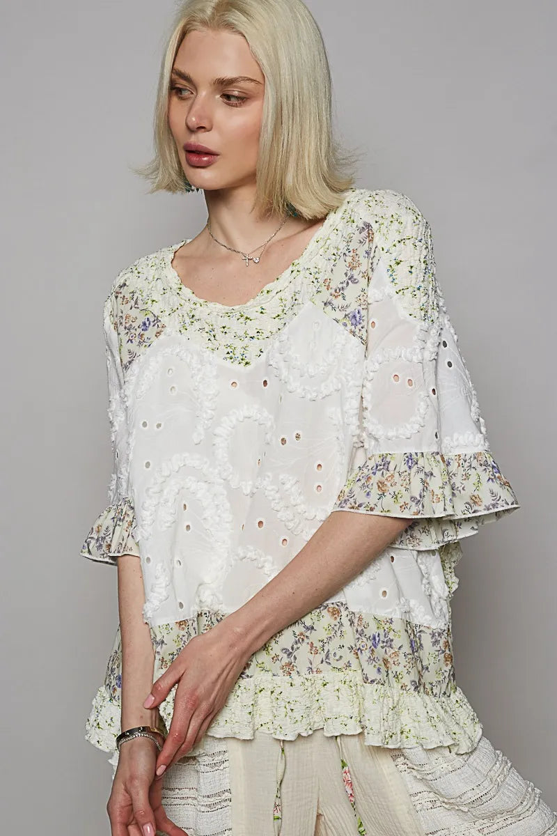 POL Floral Print Eyelet Ruffled Hem Blouse OutfitFlow