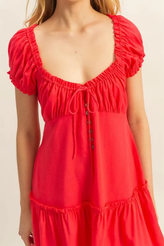 HYFVE Ruched Frill Tiered Short Sleeve Mini Dress OutfitFlow
