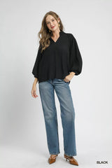 Umgee Textured V-Neck Blouse with Balloon Sleeves OutfitFlow