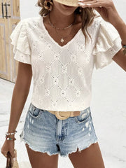 Eyelet V-Neck Short Sleeve Blouse Ivory OutfitFlow