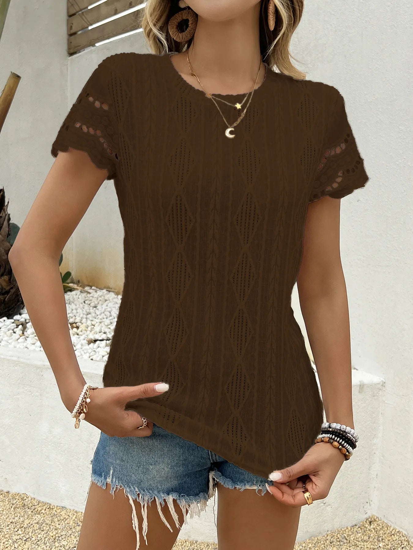 Crochet Lace Short Sleeve T-Shirt OutfitFlow