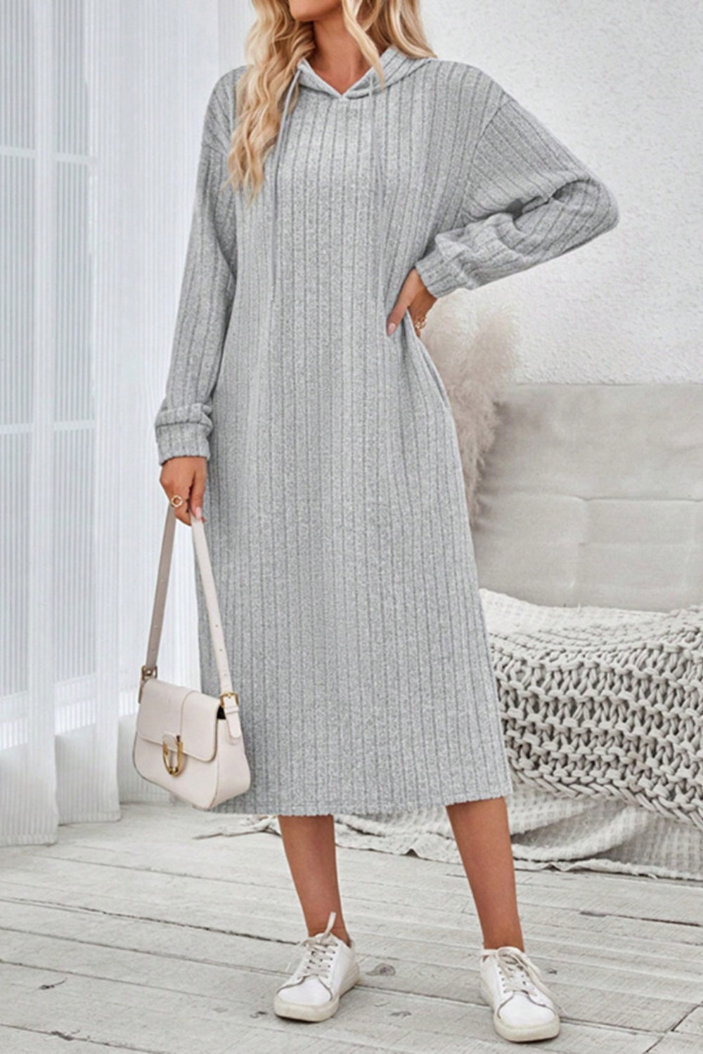 Outfit Flow - Side Slit Drawstring Long Sleeve Hooded Dress