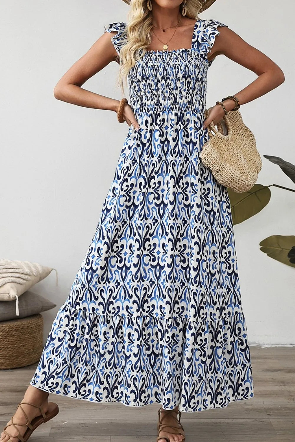 Smocked Printed Square Neck Dress OutfitFlow