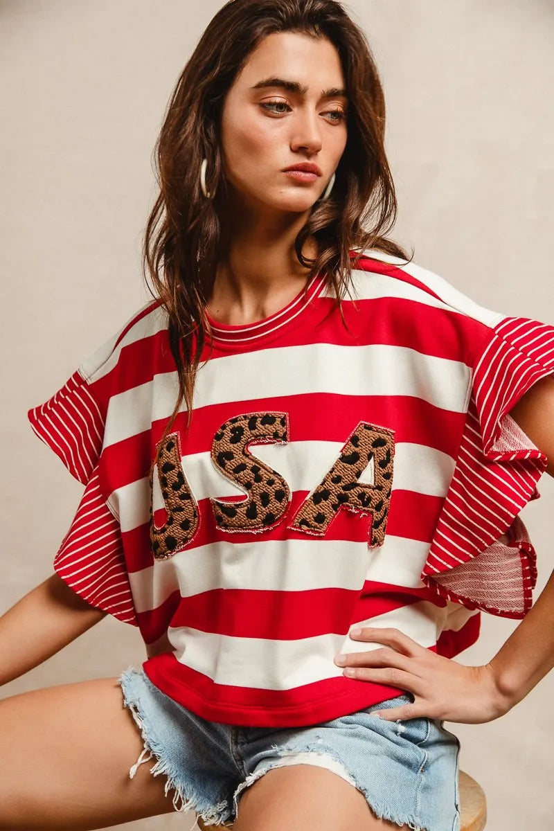 BiBi Stripe Mixed Ruffle Sleeve Top With Leopard Letter OutfitFlow