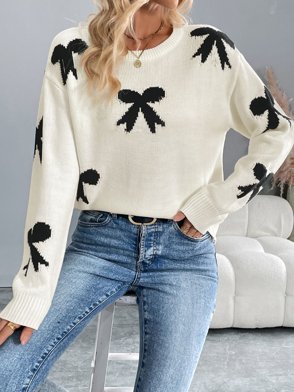 Outfit Flow - Perfee Bow Graphic Round Neck Long Sleeve Sweater