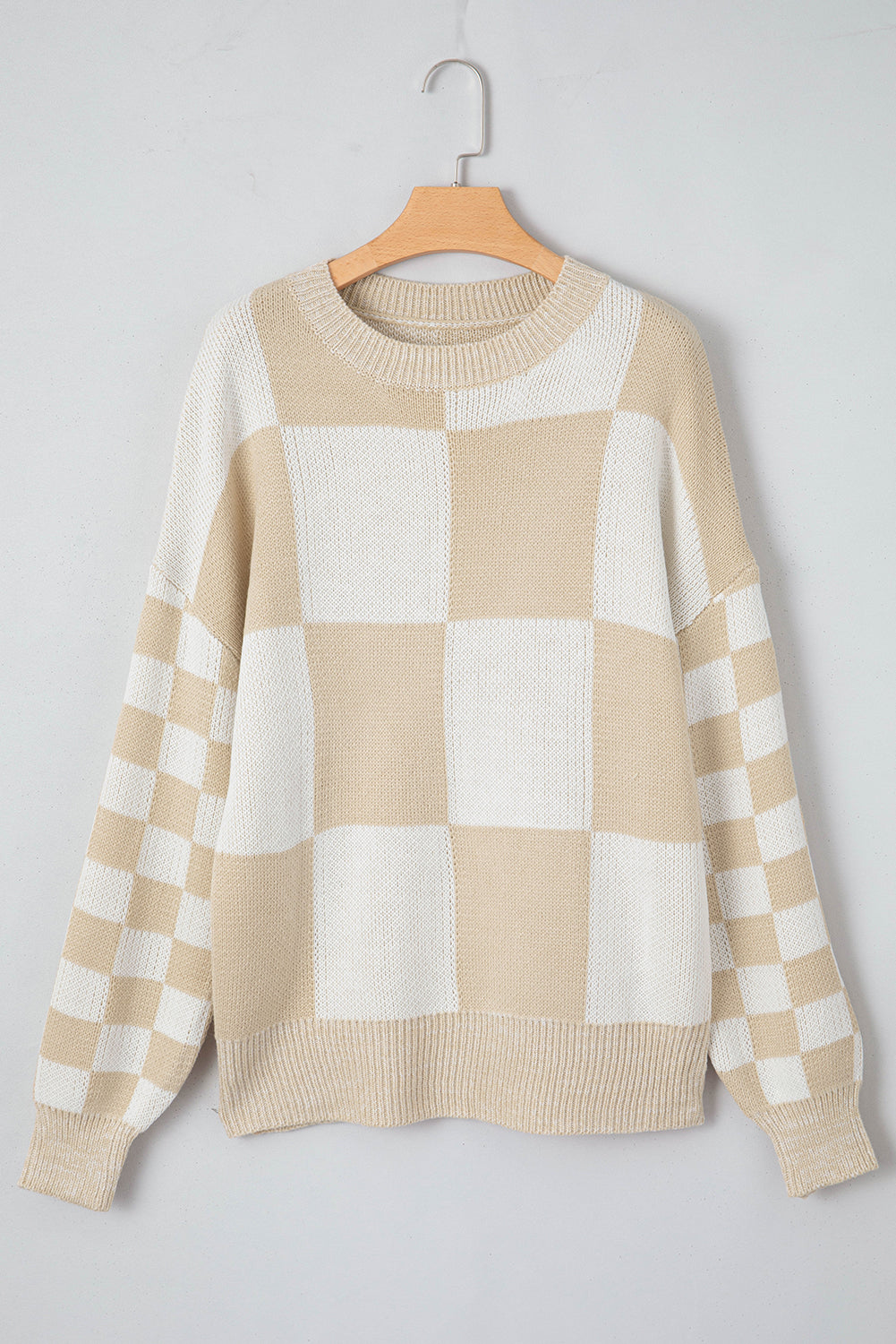 Outfit Flow - Checkered Round Neck Drop Shoulder Sweater