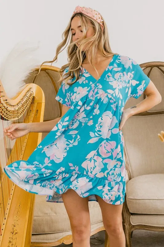 BiBi Floral Crinkle Shirred Ruffle Detail V Neck Dress OutfitFlow
