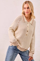BiBi Half Button Ribbed Two Tone Sweater OutfitFlow