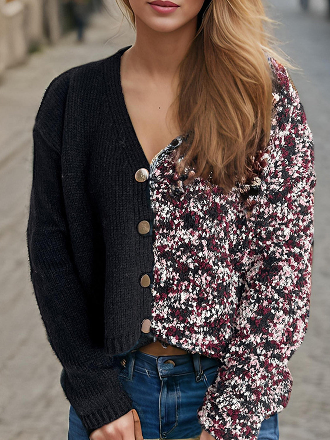 Contrast Button Up V-Neck Cropped Cardigan