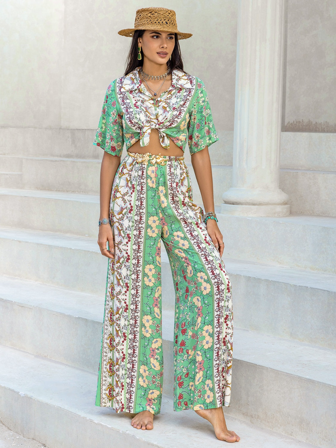 Outfit Flow - Printed Half Sleeve Top and Wide Leg Pants Set