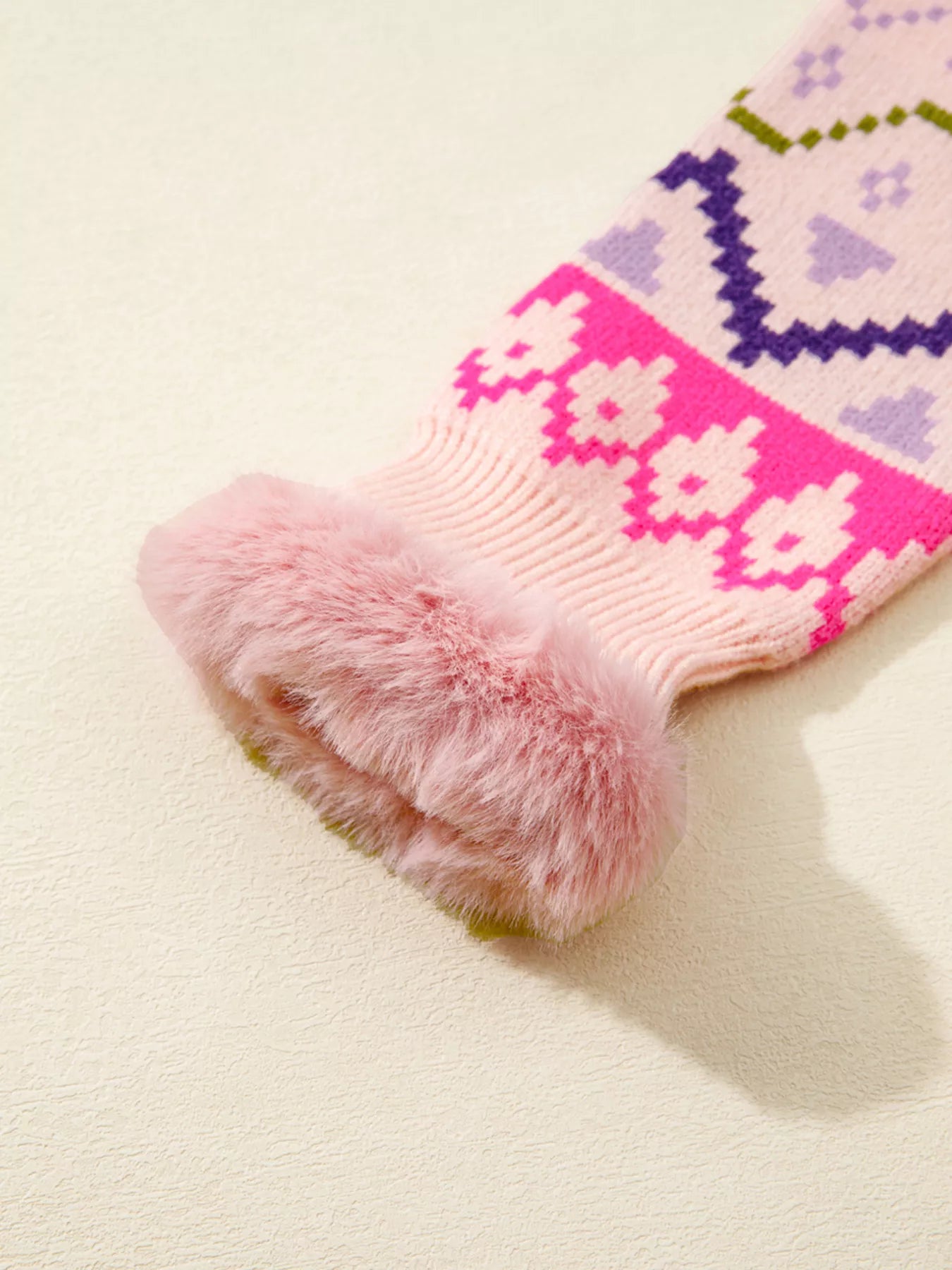 Multicolour Ethnic Christmas Pattern Knit Feather Cuffed Sweater OutfitFlow