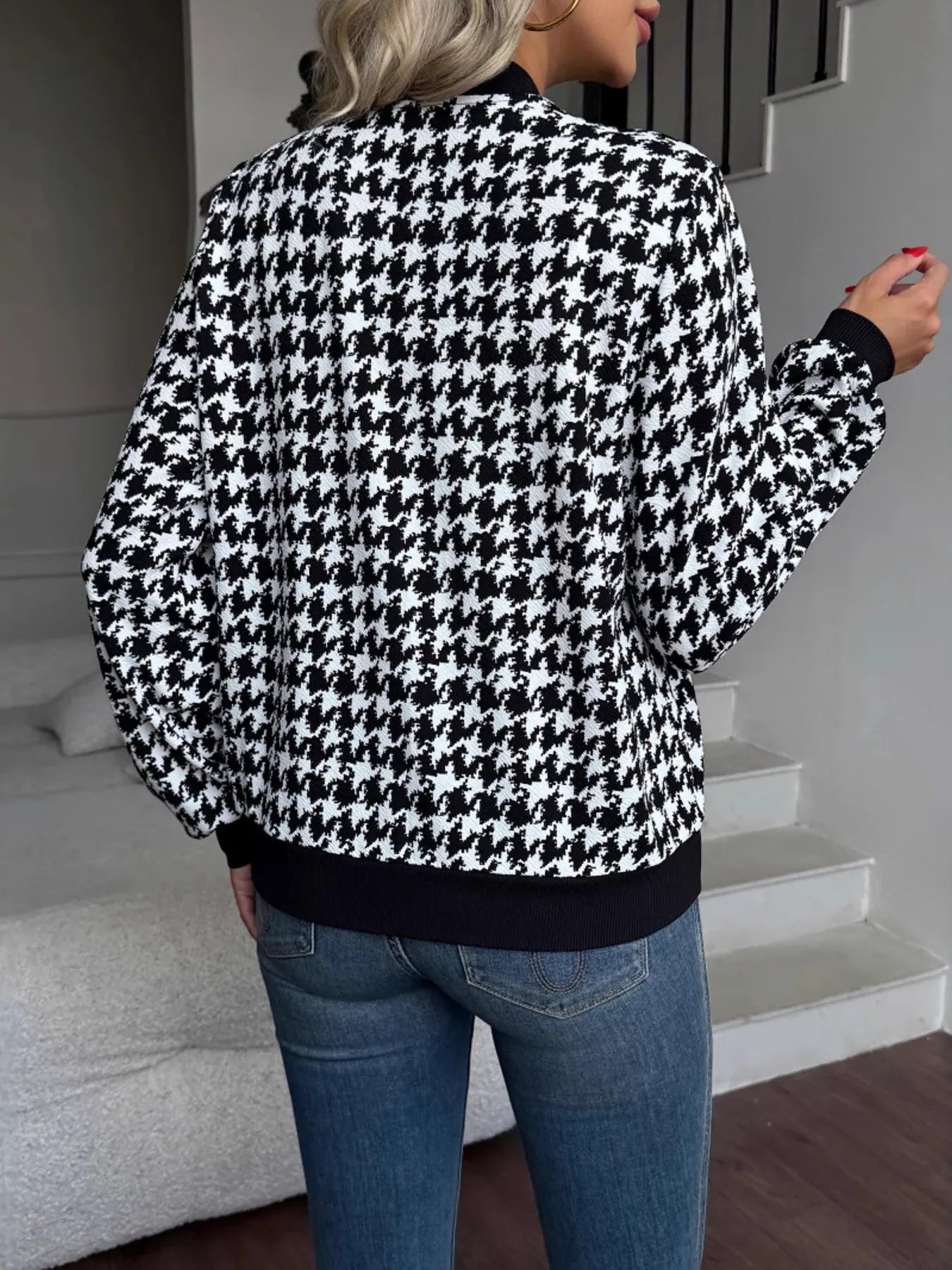 Zip Up Houndstooth Pattern Jacket OutfitFlow