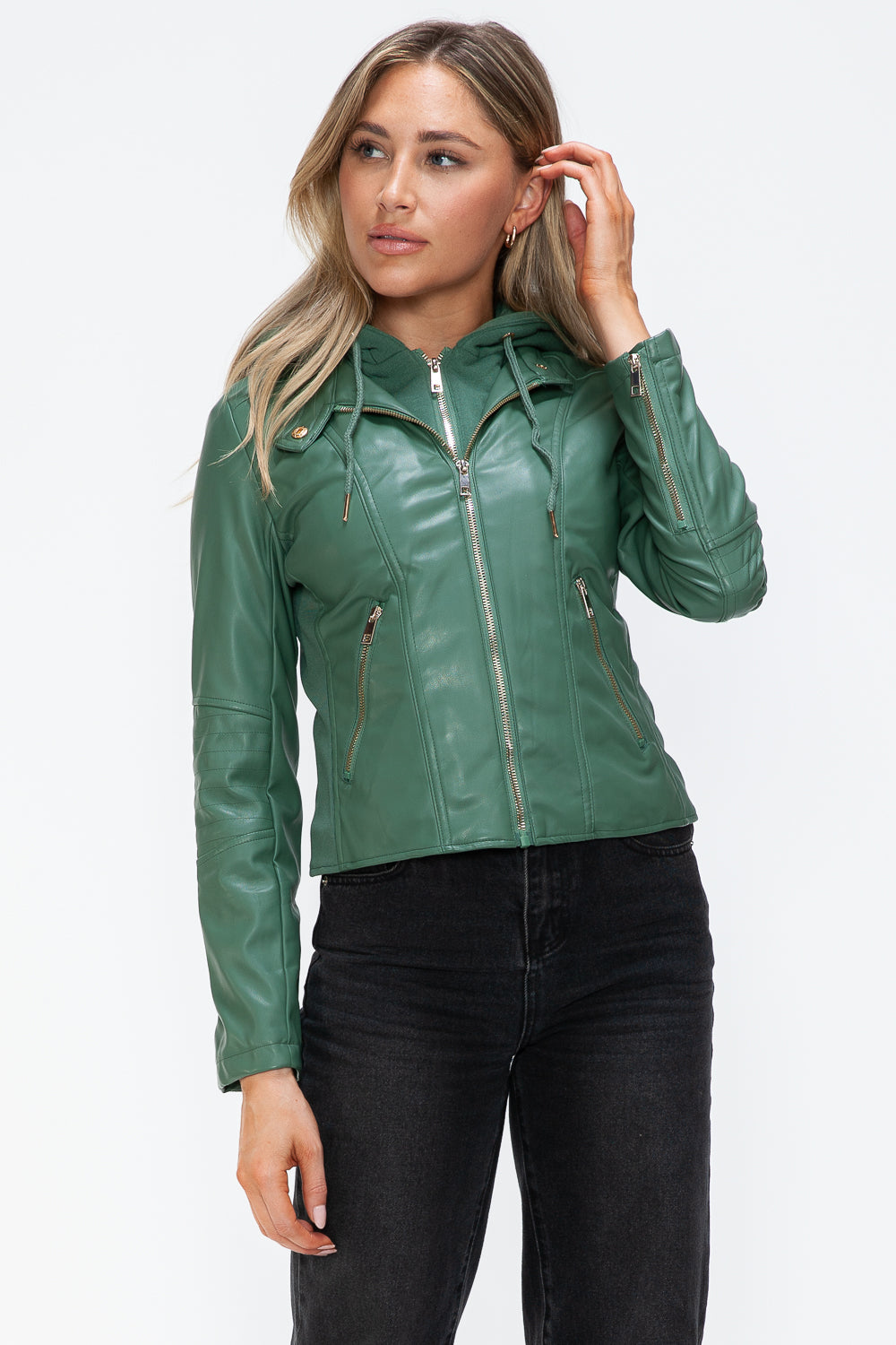 Outfit Flow - Snobbish Faux Leather Zip Up Drawstring Hooded Jacket