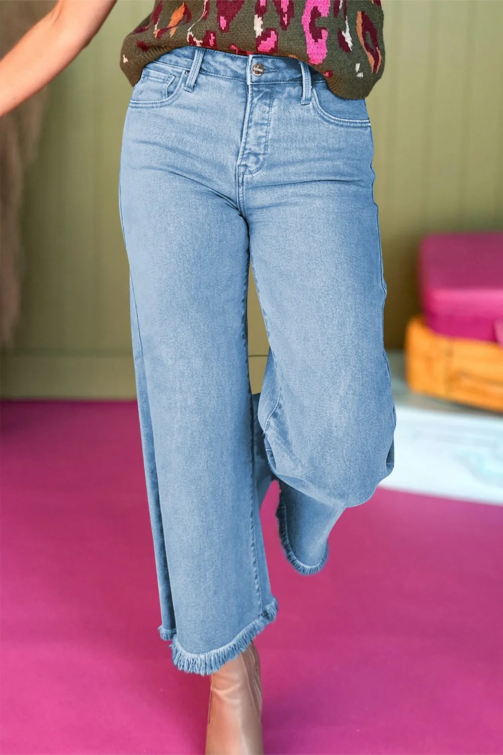 High-Waisted Wide Leg Frayed Hem Jeans OutfitFlow