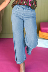 High-Waisted Wide Leg Frayed Hem Jeans OutfitFlow