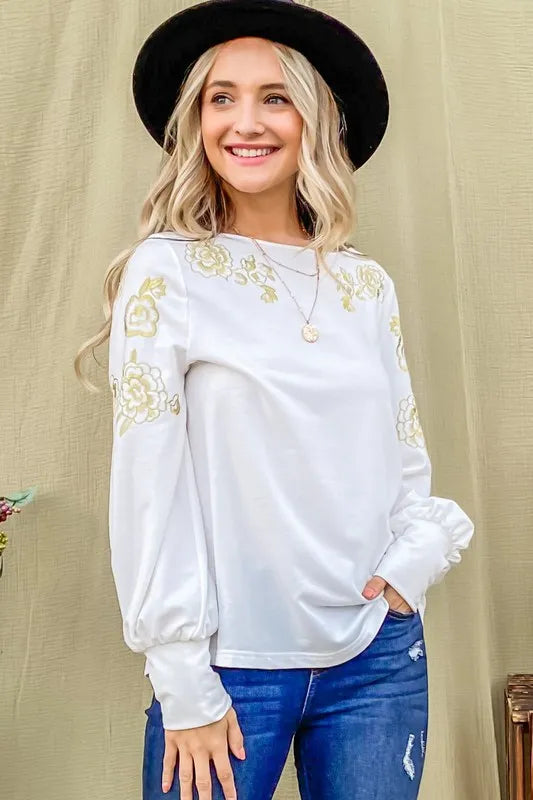 And The Why Flower Gold Embroidery Shoulder Detailed Top OutfitFlow