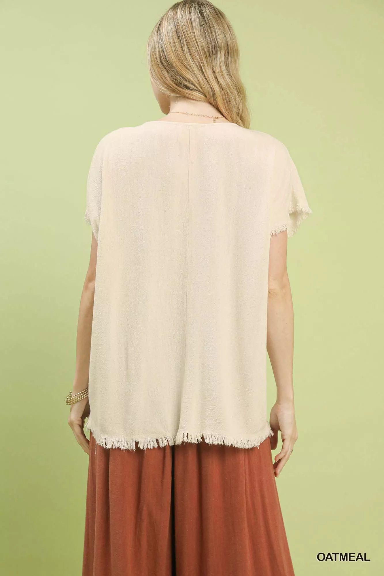 Umgee Linen Blend Embroidered Frayed Hem Top OutfitFlow