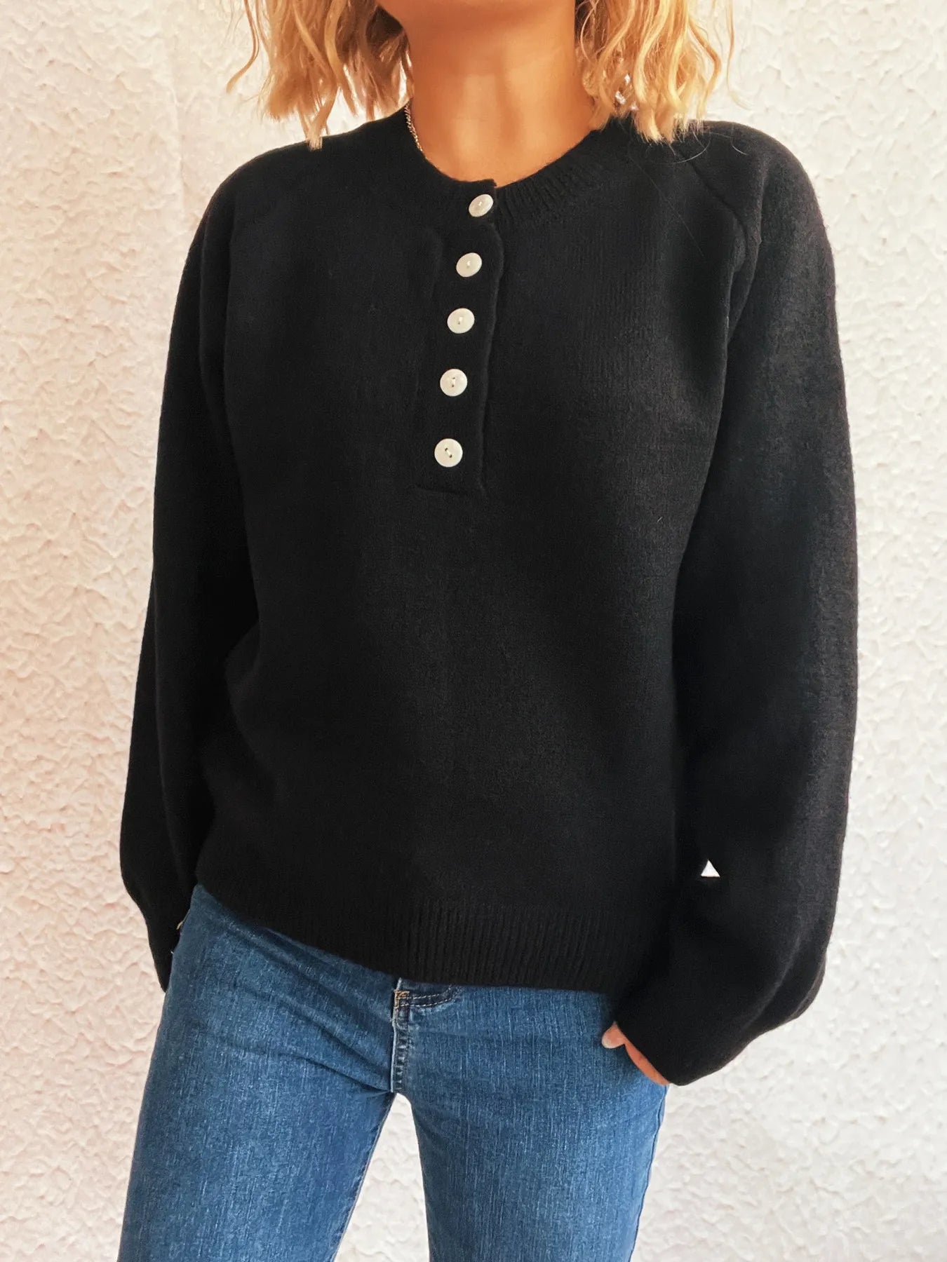 Button-Front Long Sleeve Sweater OutfitFlow