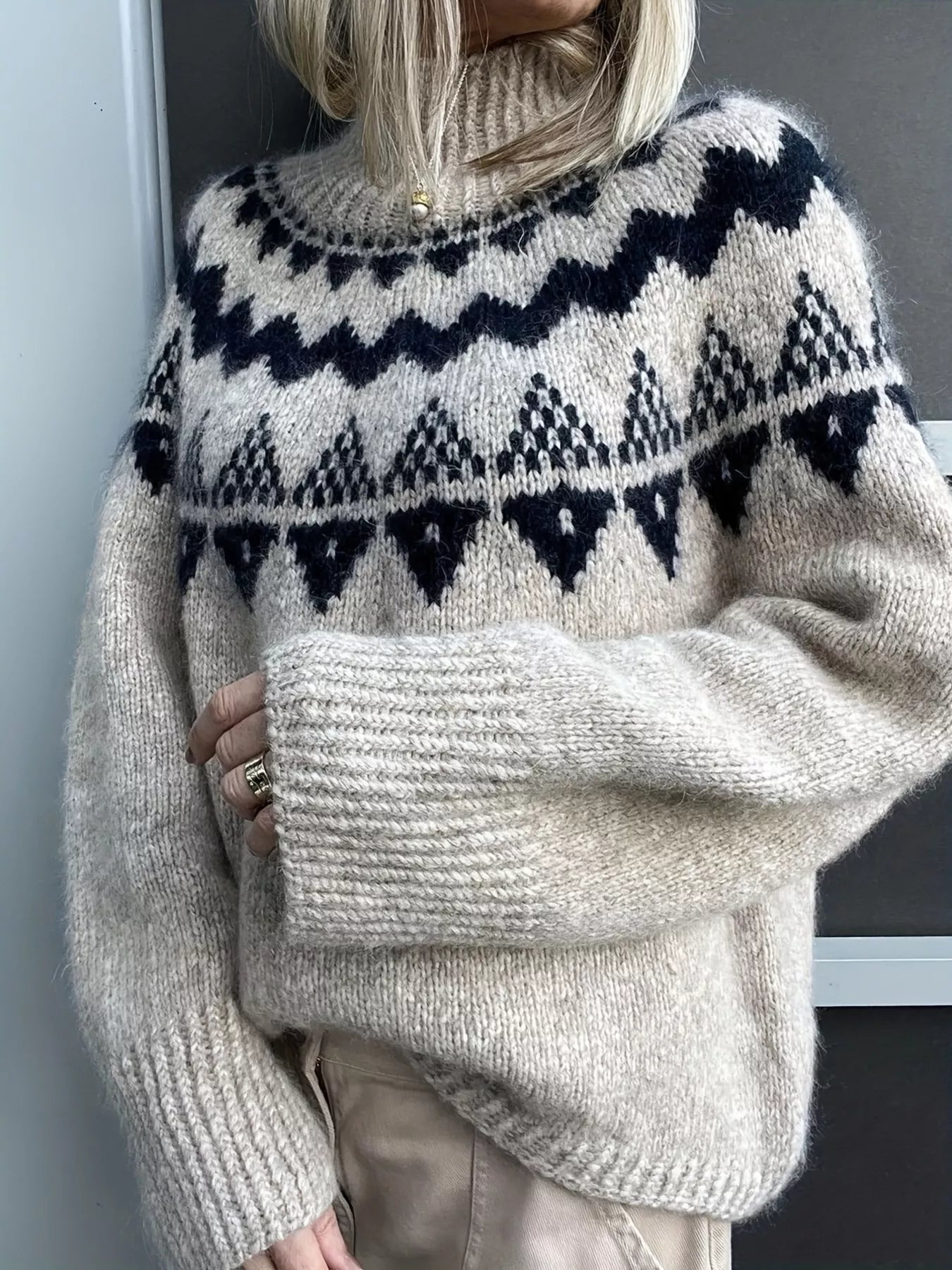Nordic Pattern High Neck Sweater OutfitFlow