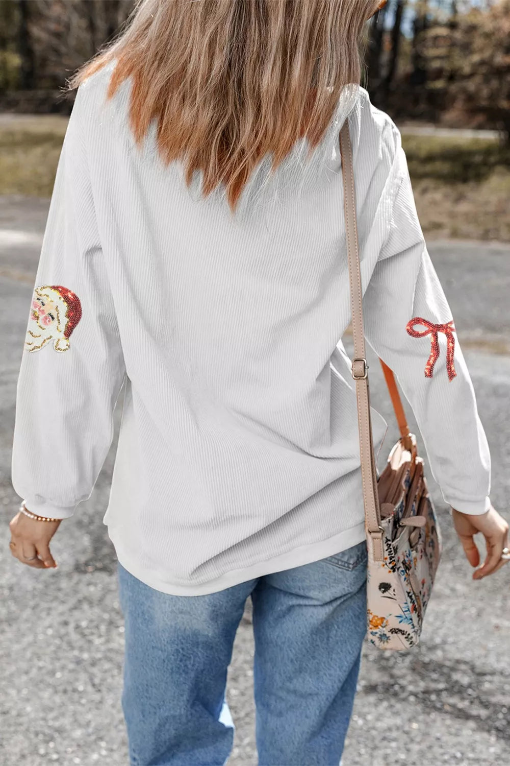 Full Size Corded Rib Sequin Santa Bow Patched Drop Shoulder Sweatshirt Plus Size OutfitFlow