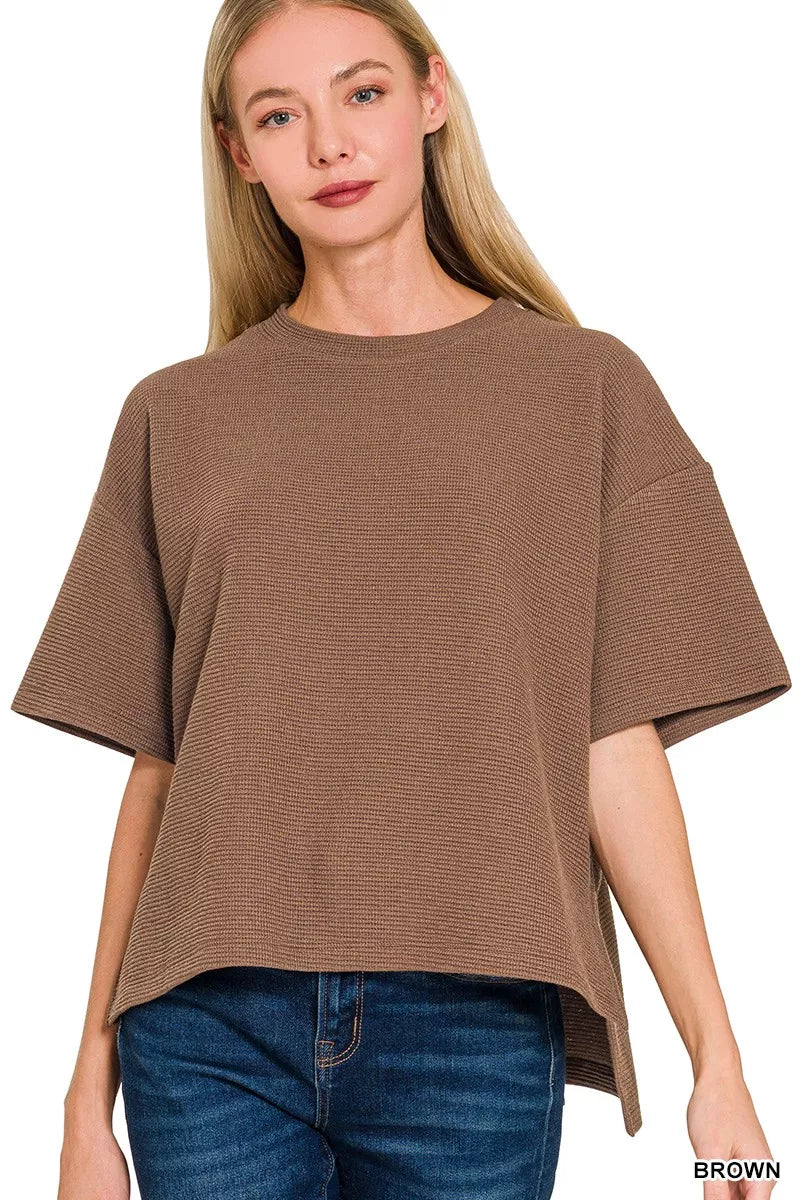 Zenana Full Size Double Knit Side Slits Hi Low Short Sleeve Top Plus Size BROWN OutfitFlow