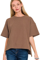 Zenana Full Size Double Knit Side Slits Hi Low Short Sleeve Top Plus Size BROWN OutfitFlow