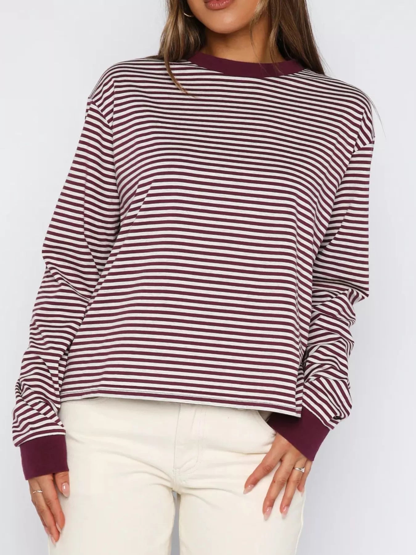 Striped Oversized Round Neck Sweatshirt Burgundy OutfitFlow