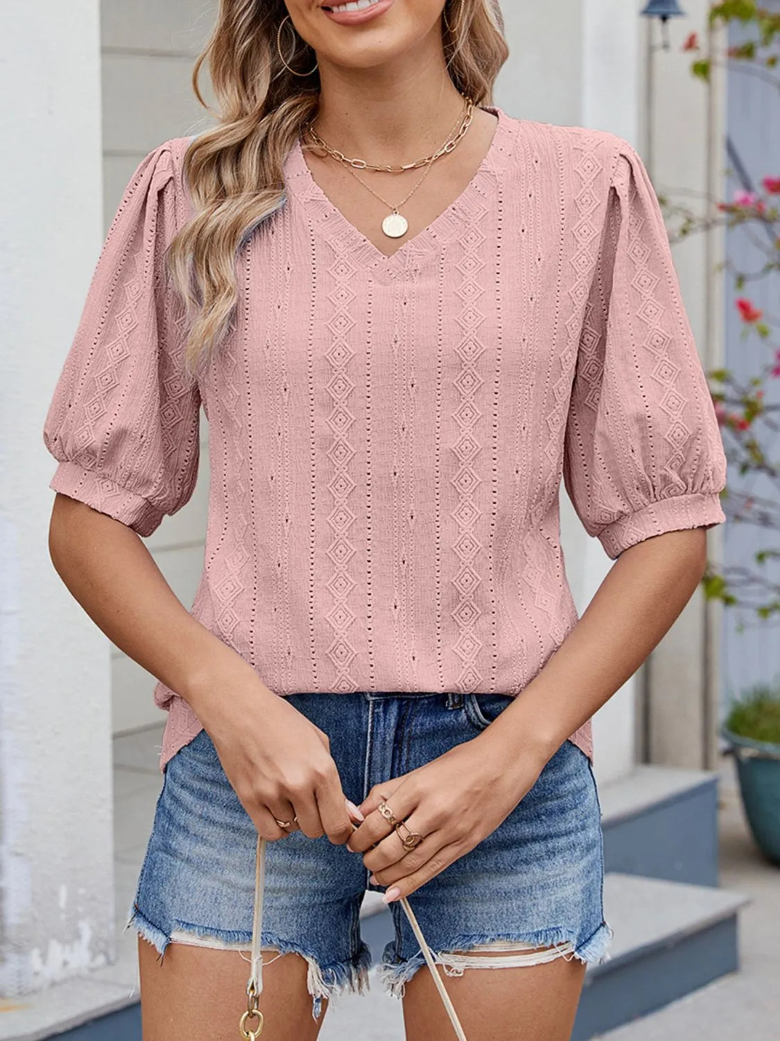 Puff Sleeve V-Neck Eyelet Lace T-Shirt Dusty Pink OutfitFlow