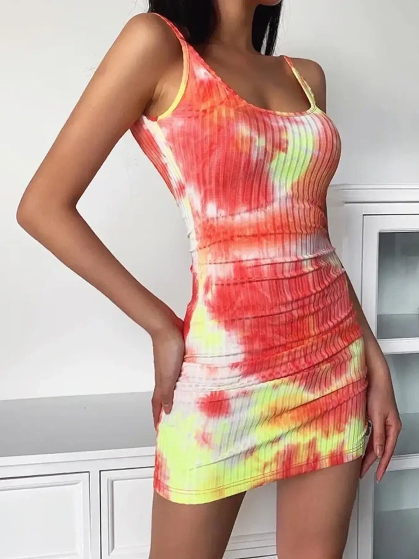 Tie-Dye Ribbed Mini Dress with Side Drawstring OutfitFlow