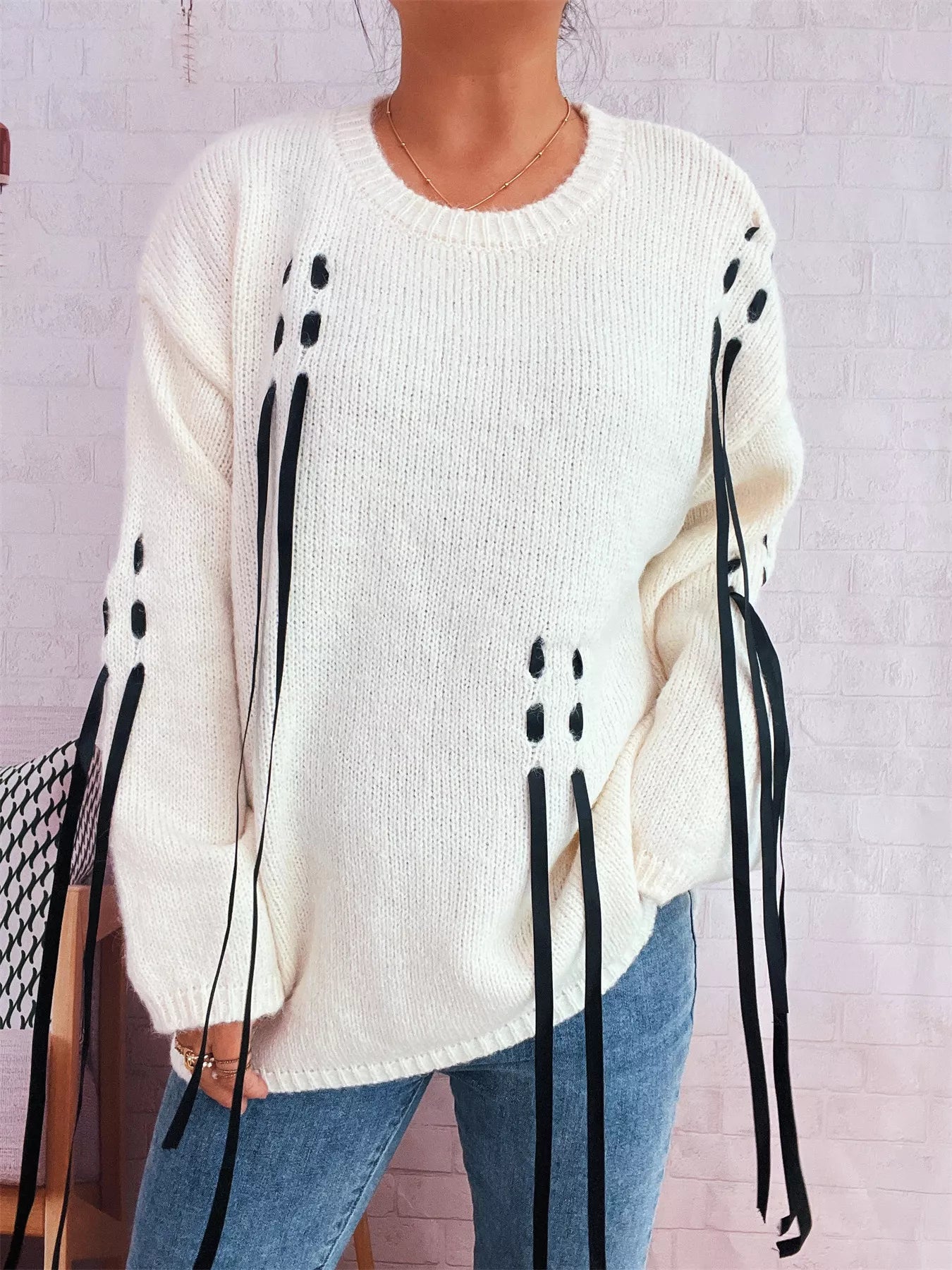 Round Neck Long Sleeve Sweater with Ribbon Details OutfitFlow
