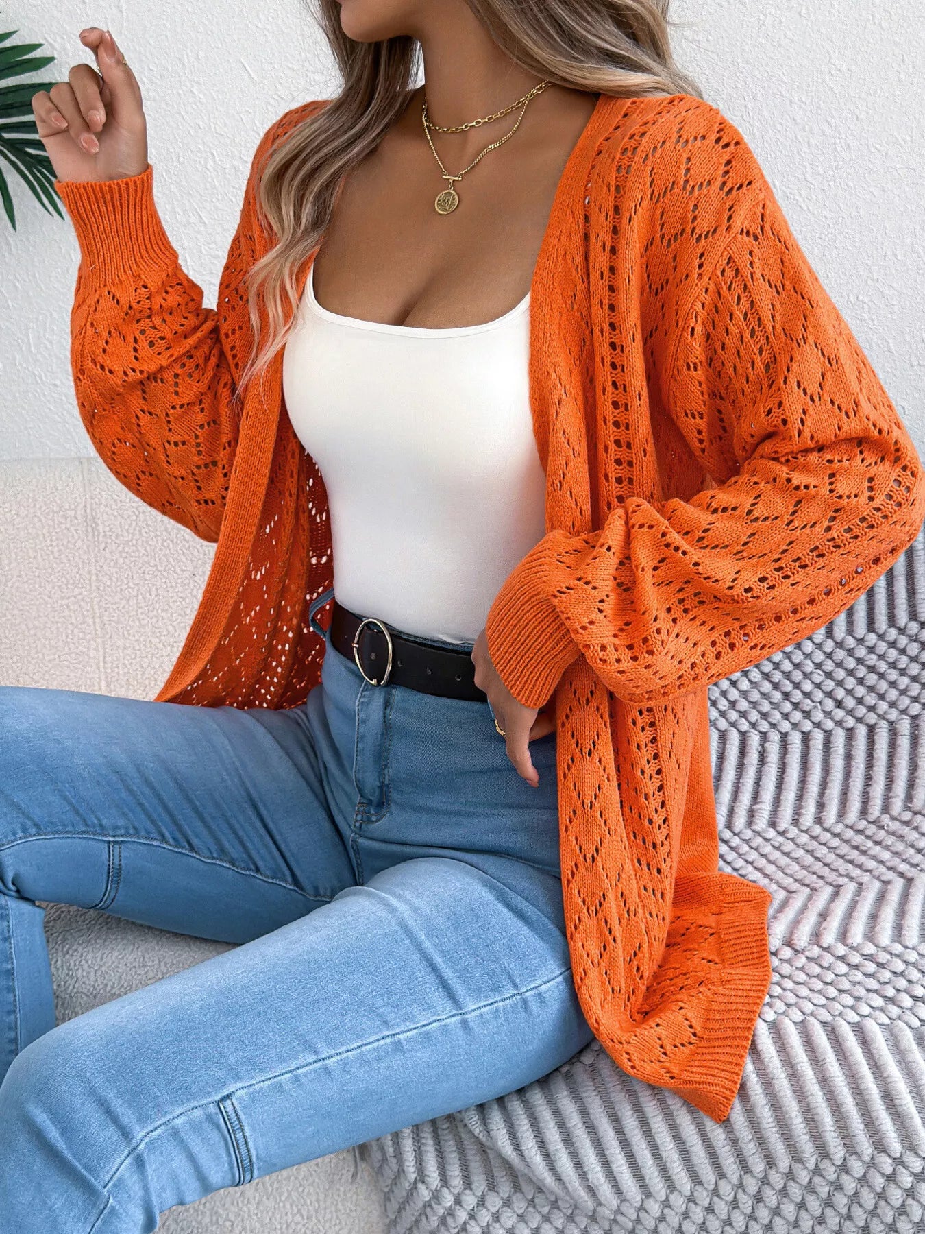 Openwork Open-Front Long Sleeve Cardigan Orange OutfitFlow