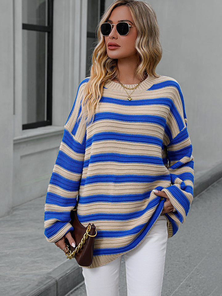 Striped Dropped Shoulder Sweater Sky Blue OutfitFlow
