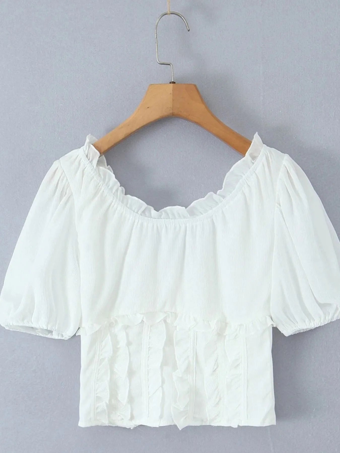 Frill V-Neck Puff Sleeve Blouse OutfitFlow