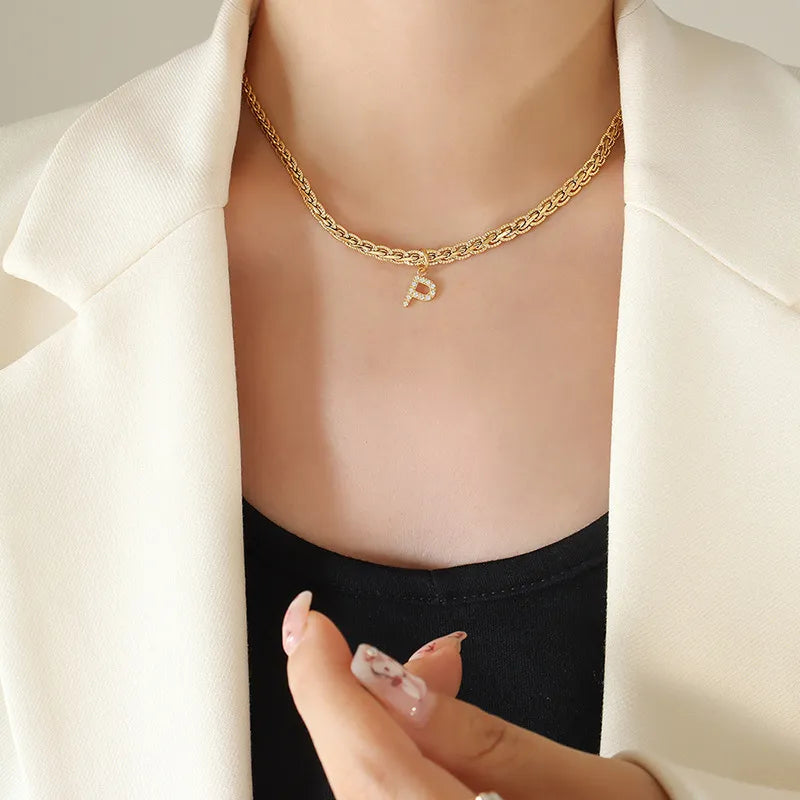 Brass Inlaid Zircon Letter Pendant Necklace Style P One Size OutfitFlow