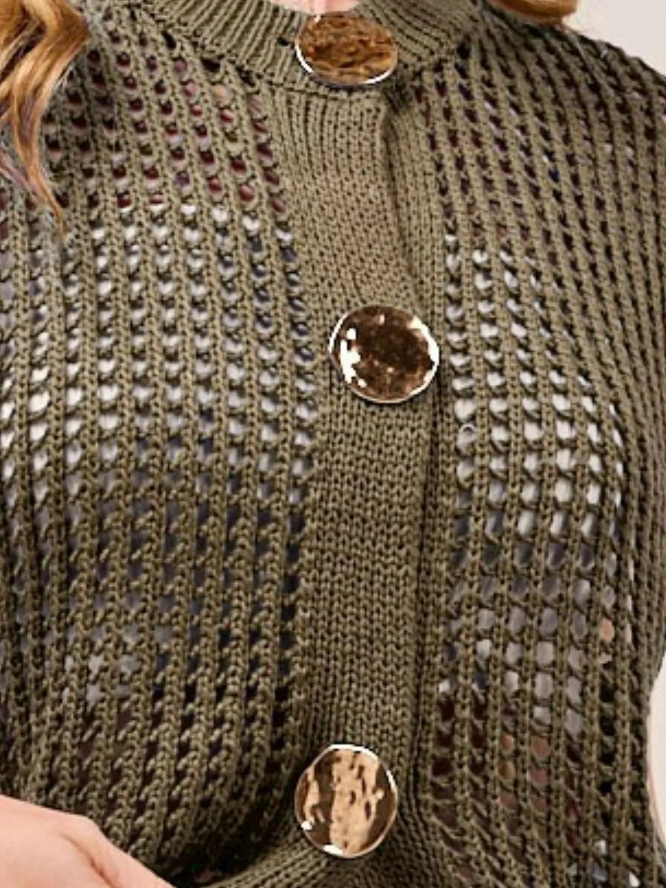SO ME Big Metal Button Front Openwork Sweater Vest OutfitFlow