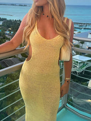 Backless Cutout Scoop Neck Cover-Up Dress Pastel Yellow OutfitFlow