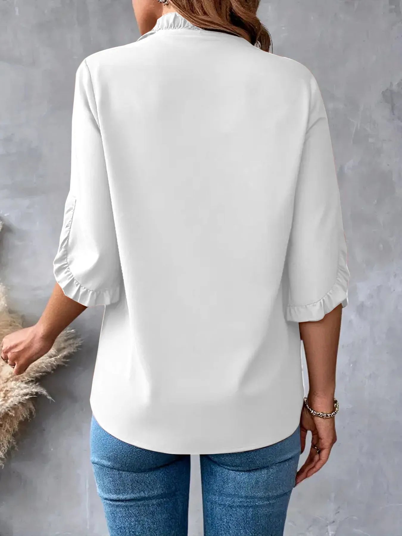 Ruffled V-Neck Short Sleeve Blouse OutfitFlow