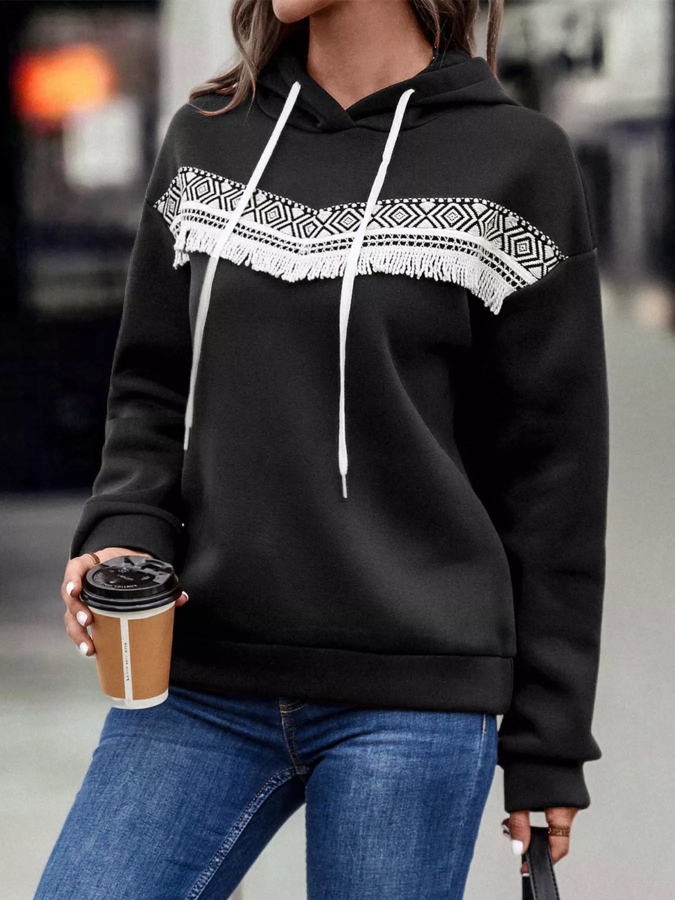 Fringe Detail Long Sleeve Drawstring Hoodie OutfitFlow